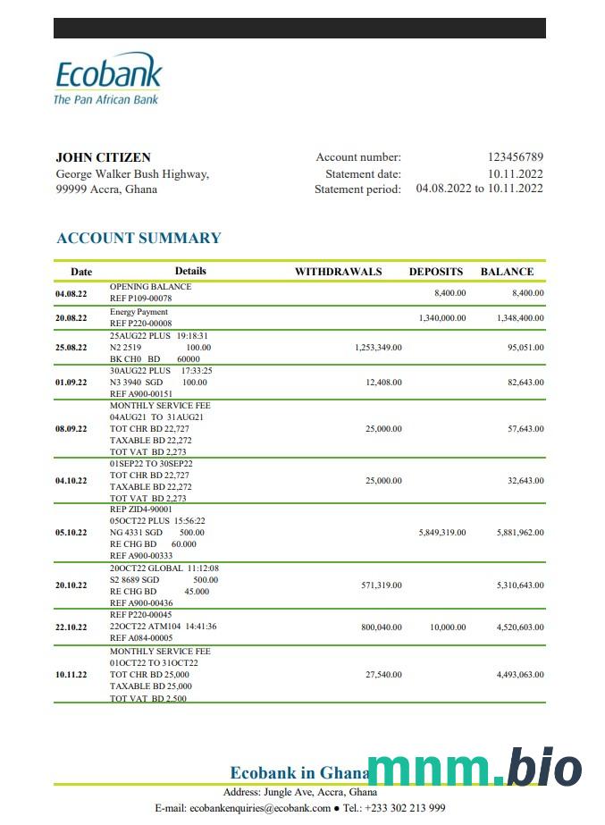 Szablon wyciągu bankowego Ghana Ecobank, format Word i PDF